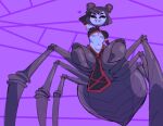  1girl arachne arthropod_girl arthropod_limbs black_gloves black_hair black_sclera breasts bug carapace collared_shirt colored_sclera colored_skin commentary commission crop_top elbow_gloves english_commentary extra_eyes extra_legs facing_viewer fangs feet_out_of_frame frilled_shirt frills from_below full_body gloves gnausea heart high_collar highres looking_at_viewer looking_down mandibles medium_breasts monster_girl monster_musume_no_iru_nichijou muffet multiple_legs navel pelvic_curtain purple_background purple_skin purple_theme rachnera_arachnera red_eyes red_trim shirt short_hair silk solo spider spider_girl spider_web taur tucking_hair two_side_up underboob undertale utdr_(toby_fox) 