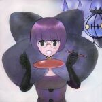  1girl blunt_bangs bob_cut bow breasts brooch byte_(grunty-hag1) chandelure commentary_request elbow_gloves fire glasses gloves holding holding_pen jewelry large_bow low_neckline medium_breasts neck_pillow pen pokemon pokemon_(creature) pokemon_black_and_white purple_eyes purple_fire purple_hair purple_skirt rimless_eyewear round_eyewear shauntal_(pokemon) short_hair sketch skirt smile 