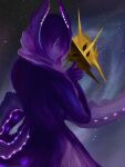  1boy absurdres black_sclera blue_pupils calamity_(terraria_mod) colored_sclera commentary_request devourer_of_gods_(calamity_mod) extra_eyes highres holding holding_mask long_hair looking_at_viewer mask outdoors personification purple_eyes purple_hair terraria user_xyxs5455 