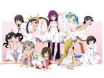  6+girls absurdly_long_hair aged_down ahoge araragi_karen araragi_tsukihi arm_above_head arm_support ass back_bow bandaid bandaid_on_face bandaid_on_knee bandaid_on_leg bandaid_on_nose bare_arms bare_legs barefoot between_legs black_hair blonde_hair blue_eyes blunt_ends blunt_sidelocks blush_stickers border bow bowtie braid brown_eyes brown_hair collarbone colored_shadow commentary double_v dress dress_flip egg_hair_ornament empty_eyes expressionless feet flat_chest food-themed_hair_ornament gesugesu_ahoaho green_ribbon grey_eyes grey_hair grin hachikuji_mayoi hair_flaps hair_ornament hair_over_shoulder hair_ribbon hair_scrunchie hairband halter_dress halterneck hand_between_own_legs hand_on_own_ankle hand_on_own_face hand_on_own_hip hand_on_own_knee hands_on_floor hands_up hanekawa_tsubasa head_tilt highres holding_hands index_finger_raised interlocked_fingers kanbaru_suruga knee_blush kneeling knees_to_chest knees_together_feet_apart lace-trimmed_dress lace_trim leaning_forward legs_apart light_blush long_dress long_hair long_sleeves looking_at_viewer maid_headdress medium_hair monogatari_(series) multiple_girls narrowed_eyes neck_ribbon oikura_sodachi one_eye_closed ononoki_yotsugi open_hands oshino_ougi oshino_shinobu outer_glow outside_border outstretched_arms pale_skin parted_bangs parted_lips pink_background purple_hair red_eyes ribbon sailor_collar sailor_dress scrunchie sengoku_nadeko senjougahara_hitagi shadow short_bangs short_dress short_hair short_sleeves short_twintails shoulder_blush side_ponytail sidelocks simple_background single_braid sitting sleeveless sleeveless_dress smile smirk smug socks standing standing_on_one_leg sundress tomboy tongue tongue_out twintails v v-shaped_eyebrows v_arms v_over_eye very_long_hair wariza white_border white_bow white_bowtie white_dress white_hairband white_sailor_collar white_scrunchie white_socks yellow_eyes 