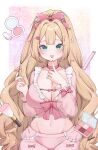  1girl aqua_eyes blonde_hair bow breasts cleavage commentary_request commission cosmetics hair_bow hair_ornament heart heart_hair_ornament highres indie_virtual_youtuber lipstick_tube long_hair makeup makeup_brush midriff mumei_rinnka navel open_mouth pink_bow serienne_vt skeb_commission solo 