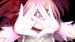  1girl bow choker commentary_request covering_face derivative_work gloves hair_bow highres kaname_madoka kaname_madoka_(magical_girl) looking_at_viewer magical_girl mahou_shoujo_madoka_magica mahou_shoujo_madoka_magica:_hangyaku_no_monogatari mahou_shoujo_madoka_magica_(anime) mikan_fgo pink_eyes pink_hair portrait puffy_sleeves red_bow red_choker screenshot_redraw short_hair solo soul_gem_(madoka_magica) twintails white_gloves 