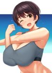  1girl ;d blue_background breasts brown_eyes brown_hair cleavage commentary_request gradient gradient_background highres huge_breasts idolmaster idolmaster_cinderella_girls looking_at_viewer oikawa_shizuku one_eye_closed open_mouth short_hair simple_background smile solo sports_bra sweat tomajiyama two-tone_background upper_body white_background 