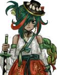  1girl bags_under_eyes commentary_request cookie_run cookie_run_classic detached_sleeves green_eyes green_hair hair_bun hair_over_one_eye harari hat highres holding holding_sword holding_weapon korean_commentary multicolored_hair red_hair red_streaks scallion_kimchi_cookie shaman single_hair_bun solo streaked_hair sword weapon white_background 