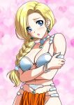  1girl absurdres anime_coloring armlet armor arms_under_breasts bangle bianca_(dq5) bikini_armor blonde_hair blue_eyes blush bracelet braid breasts choker cleavage commentary_request cosplay covering_privates crossed_arms dancer's_costume_(dq) dragon_quest dragon_quest_iv dragon_quest_v earrings embarrassed gem green_gem hair_behind_ear hair_tubes harem_outfit heart heart_background highres jewelry large_breasts looking_at_viewer manya_(dq4) manya_(dq4)_(cosplay) metal_bikini metal_hair_tubes midriff navel official_alternate_costume open_mouth orange_loincloth pelvic_curtain pink_background side_part silver_armlet silver_bangle silver_thighlet single_braid single_hair_tube solo sphere_earrings sweatdrop thighlet underboob upper_body yuuyuu_(3jjbn) 