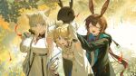  3girls 9_vcat absurdres amiya_(arknights) animal_ears arknights arknights:_endfield ascot bird_ears bird_girl black_coat blonde_hair blue_eyes breasts brown_hair character_request chinese_commentary coat commentary_request dress english_commentary ex_astris gloves highres hypergryph in-franchise_crossover large_breasts long_hair multiple_girls perlica_(arknights) purple_ascot rabbit_ears rabbit_girl smile two-sided_gloves very_long_hair vi3_(ex_astris) white_coat white_dress 