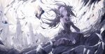  1girl arcaea bare_shoulders bib_collar black_bow black_bowtie black_dress black_hair black_ribbon blue_eyes bow bowtie castle clothing_cutout commentary dress glass_shards hair_ribbon layered_dress long_hair long_sleeves noranheart ribbon shoulder_cutout side_cutout solo tairitsu_(arcaea) 