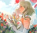  1girl balloon dress elbow_gloves flower gloves green_eyes green_hair gumi highres meg_chan1391 signature smile solo vocaloid white_dress white_gloves 