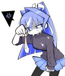  1girl anger_vein angry annoyed black_pantyhose black_sweater blue_eyes blue_hair blue_skirt blush breasts bright_pupils bukkake commentary_request condom condom_belt cum cum_on_body cum_on_clothes cum_on_hair cum_on_hands cum_on_legs emujie facial glaring gokkun hair_intakes hair_ribbon highres holding holding_condom long_hair long_sleeves looking_at_viewer mitsurugi_meiya multiple_condoms muv-luv pantyhose pleated_skirt ponytail ribbon sexually_suggestive shaded_face simple_background skirt sleeves_past_wrists solo speech_bubble spoken_anger_vein suggestive_fluid sweater turtleneck turtleneck_sweater used_condom very_long_hair white_background white_pupils 