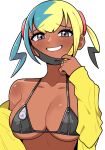  1girl aqua_hair bikini black_mask blonde_hair blue_eyes breasts canari_(pokemon) commentary dark-skinned_female dark_skin fan_request grey_bikini half-closed_eyes highres jacket mask mask_pull mega_stone mouth_mask multicolored_hair n_k_m pokemon pokemon_legends:_z-a raised_inner_eyebrows smile solo split-color_hair swimsuit twintails two-tone_mask yellow_jacket yellow_mask zipper_bikini 