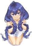  1girl ahoge barefoot blue_eyes blue_hair braid closed_mouth collarbone commentary crossed_bangs from_above full_body hair_between_eyes hair_over_shoulder hands_up highres holding_own_hair kurogoma183 long_hair looking_at_viewer mushoku_tensei naked_towel roxy_migurdia seiza simple_background sitting solo thigh_gap towel twin_braids very_long_hair white_background 