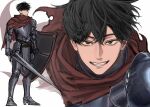  1boy absurdres aegyo_sal armor black_hair breastplate cape character_request commentary_request copyright_request counter cuisses gauntlets gorget grey_armor hair_between_eyes highres hyeseong5987 knee_guards korean_commentary male_focus multiple_views pauldrons red_cape rerebrace sabaton short_hair shoulder_armor simple_background smile solo tassets torn_cape torn_clothes vambraces white_background 