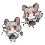  1girl :3 animal_ears basket bishamonten's_pagoda black_skirt black_vest blue_capelet blush_stickers capelet chibi chibi_only chinese_commentary closed_mouth commentary_request dowsing_rod dual_wielding full_body grey_hair highres holding holding_with_tail jewelry long_sleeves looking_at_viewer mouse_(animal) mouse_ears mouse_girl mouse_tail multiple_views nazrin necklace pendant prehensile_tail red_eyes sayoko404 shirt simple_background single_blush_sticker skirt smile tail touhou vest white_background white_shirt 