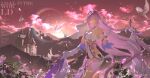  1girl absurdres bell bird black_shorts breasts castle chinese_commentary commentary_request commission corset crystal_flower diamond-shaped_pupils diamond_(shape) dove elf elysia_(herrscher_of_human:_ego)_(honkai_impact) elysia_(honkai_impact) gloves highres honkai_(series) honkai_impact_3rd large_breasts long_hair looking_at_viewer micro_shorts mountainous_horizon multicolored_hair pink_hair pink_sky pointy_ears purple_eyes qiuqiuku shorts signet_of_ego sky smile solo symbol-shaped_pupils two-tone_hair veil very_long_hair white_corset white_gloves white_hair white_veil 