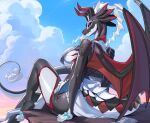  1girl aomori arms_behind_back black_scales blue_eyes blue_sky blush breasts claws closed_mouth commentary day dragon dragon_horns dragon_tail dragon_wings dragonmaid_sheou dress duel_monster english_commentary furry furry_female horns house_dragonmaid large_breasts looking_at_viewer medium_breasts outdoors sitting sky solo tail western_dragon white_dress wings yu-gi-oh! 