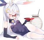  1girl absurdres alcohol animal_ears blush breasts carrot_hair_ornament commentary_request commission crescent crescent_hair_ornament cup elbow_gloves fingerless_gloves food-themed_hair_ornament gloves hair_ornament highres leotard long_hair looking_at_viewer one_eye_closed original otokuyou pantyhose rabbit_ears red_eyes sakazuki sake small_breasts smile solo thighhighs thighhighs_over_pantyhose variant_set white_hair white_pantyhose white_thighhighs yamanashi_kiwako_(ac8231) 
