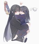  2girls :d absurdres araya_(project_moon) black_hair black_jacket black_sandals blue_kimono blue_sash blue_streaks blunt_bangs blunt_ends carrying carrying_person cat cheek-to-cheek child closed_mouth cropped_torso grey_eyes heads_together heart highres hug jacket japanese_clothes kimono limbus_company long_hair long_sidelocks long_sleeves mother_and_child mother_and_daughter multicolored_hair multiple_girls munh422 obi one_eye_closed open_mouth parent_and_child project_moon red_eyes ryoshu_(project_moon) sandals sash sheath sheathed sidelocks simple_background smile streaked_hair sword sword_on_back track_jacket two-tone_hair very_long_hair weapon weapon_on_back white_background zipper 