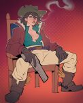 1girl belt blue_eyes blue_shirt boots breasts brown_boots brown_gloves brown_hat chair cigarette commentary cowboy_boots cowboy_hat cowgirl_(western) deadlock_(game) deadlock_(valorant) fur-trimmed_jacket fur_trim gloves gradient_background gun hat highres holding holding_gun holding_weapon holliday_(deadlock) jacket legs_apart looking_at_viewer on_chair open_collar orange_background orange_scarf pants partially_unbuttoned polka_dot polka_dot_background popped_collar red_background red_jacket revolver scarf shirt short_hair sitting smoking solo spurs vinegar_and_soda weapon 