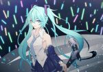  1girl :d absurdres aqua_eyes aqua_hair aqua_necktie black_skirt black_sleeves breasts chinese_commentary commentary_request concert detached_sleeves fibonacci_no_usagi hatsune_miku highres holding holding_microphone_stand long_hair looking_at_viewer medium_breasts microphone_stand necktie open_mouth shirt skirt smile solo twintails very_long_hair vocaloid white_shirt 