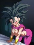  1girl bed bent_over black_eyes black_hair blush breasts clothes_lift collarbone commentary_request crop_top dragon_ball dragon_ball_super earrings gold_wrist_cuffs grin hanging_breasts high_ponytail jewelry kefla_(dragon_ball) large_breasts long_hair naughty_face nipples no_bra pants ponytail potara_earrings purple_pants purple_tank_top raised_eyebrows rom_(20) saiyan shirt_lift smile spiked_hair tank_top yoga_pants 