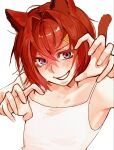  1girl ange_katrina animal_ears blue_eyes blush camisole cat_ears cat_girl cat_tail claw_pose commentary_request crossed_bangs flat_chest gradient_eyes grin hair_between_eyes hair_intakes hair_ornament hairclip hands_up highres kemonomimi_mode korean_commentary long_bangs looking_at_viewer medium_hair multicolored_eyes nijisanji nose_blush purple_eyes red_tail simple_background smile solo strap_slip sweat tail triangle_hair_ornament upper_body usom1x2 virtual_youtuber white_background white_camisole 
