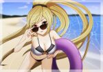  1girl absurdres bangs beach bikini black_eyes blonde_hair blurry blurry_background breasts cleavage heterochromia highres hilda_(under_night_in-birth) holding holding_innertube innertube long_hair looking_at_viewer nail_polish navel ocean ponytail purple_innertube purple_nails rai_inase red_eyes sand smile solo sunglasses swimsuit under_night_in-birth very_long_hair 