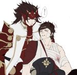 2boys armor bandage_on_face bandages black_armor blood blood_on_bandages brown_hair closed_mouth commentary_request father_and_child father_and_son fire_emblem fire_emblem_fates gold_trim headpat highres japanese_armor japanese_clothes looking_at_another multiple_boys open_mouth parent_and_child red_armor ryoma_(fire_emblem) saki_ttx shiro_(fire_emblem) simple_background smile speech_bubble translation_request upper_body white_background 