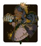  1girl black_coat black_hair blue_eyes border card closed_mouth coat dark-skinned_female dark_skin deformed dress earrings facial_mark final_fantasy final_fantasy_xiv floating floating_hair flower forehead_mark frilled_dress frilled_sleeves frills glasses glowing_flower highres jewelry lily_(flower) littlebluemuffin long_coat long_hair magic original pointy_ears round_eyewear sparkle tarot tarot_card very_dark_skin very_long_hair warrior_of_light_(ff14) watermark wavy_hair white_border white_dress wide_sleeves yellow_flower 