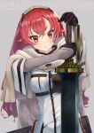  1girl agmt bangs breasts capelet chest_guard closed_mouth crossed_bangs eris_greyrat eyelashes gloves hair_between_eyes headband highres holding holding_sword holding_weapon long_hair long_sleeves mushoku_tensei red_eyes red_hair shirt small_breasts solo sword thick_eyebrows upper_body weapon white_shirt wide_sleeves 