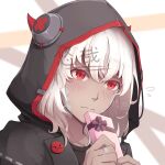  1girl artist_name badge black_jacket black_shirt blush box button_badge commentary_request cytus cytus_ii dark-skinned_female dark_skin flying_sweatdrops gift gift_box highres holding holding_gift hood hood_up hooded_jacket horned_hood horns ivy_(cytus) jacket medium_hair portrait red_eyes red_horns red_trim shirt white_hair youzaiyouzai112 