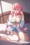  1girl absurdres bare_legs barefoot blush bra breasts character_doll cleavage collarbone commentary commission crossed_bangs doll eiyuu_densetsu english_commentary foot_out_of_frame green_bra green_eyes green_panties hair_between_eyes hair_down highres holding holding_doll juna_crawford kurt_vander long_hair looking_at_viewer medium_breasts off_shoulder on_bed one_eye_closed open_mouth panties panty_peek partially_unbuttoned pillow pink_hair pixiv_commission sen_no_kiseki_(series) sen_no_kiseki_iii shirt sitting sleepy solo sunlight tearing_up tears underwear waking_up wariza white_shirt wiping_tears yiduanart 