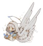  1girl angel angel_wings blue_bow blue_bowtie blue_eyes blue_shirt blush bow bowtie clothing_cutout collared_shirt commentary cupcake feathered_wings floating_clothes floating_hair food gold_trim halo highres holding holding_food hood littlebluemuffin original shirt short_hair shoulder_cutout sparkle untranslatable_commentary upper_body watermark white_background white_hair white_halo white_hood wings 