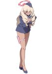  1girl absurdres blonde_hair blue_archive blush breasts cleavage commentary cu_cu_cu dark-skinned_female dark_skin dice drill_hair earrings full_body garrison_cap grin gun hair_between_eyes halo hat high_heels highres holding holding_dice holding_gun holding_weapon holster jewelry large_breasts long_hair looking_at_viewer mitsuki_(blue_archive) pointy_ears purple_eyes red_halo revolver simple_background smile solo stud_earrings thigh_holster weapon weapon_request white_background 