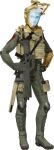  1boy absurdres ammunition_pouch assault_rifle demonica facial_hair full_body goatee green_suit gun handgun hands_on_own_hips highres jimenez_(strange_journey) kazuma_kaneko looking_to_the_side megami_tensei official_art pouch rifle shin_megami_tensei shin_megami_tensei:_strange_journey short_hair smile soldier solo suit transparent_background weapon weapon_in_legwear 
