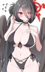  1girl absurdres ass_visible_through_thighs bare_arms bare_shoulders bikini black_bikini black_choker black_hair black_wings blue_archive blush breasts choker commentary cowboy_shot dot_nose embarrassed eyes_visible_through_hair feathered_wings flying_sweatdrops front-tie_bikini_top front-tie_top furrowed_brow hair_between_eyes hair_bun halo hand_on_own_chest hand_up hasumi_(blue_archive) hasumi_(swimsuit)_(blue_archive) highleg highleg_bikini highres jjellybomb large_breasts long_hair long_hair_between_eyes looking_at_viewer low_wings mole mole_under_eye navel official_alternate_costume official_alternate_hairstyle oversized_wings parted_lips pendant_choker red_eyes red_halo side-tie_bikini_bottom simple_background single_side_bun solo standing sweat swimsuit untranslatable_commentary very_long_hair white_background wings 