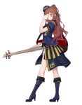  1girl absurdres bang_dream! bang_dream!_girls_band_party! bass_guitar blue_boots blue_hat blue_jacket blue_nails boots brown_hair closed_mouth commentary_request esp_guitars flower_stand_art full_body guitar_strap hand_on_own_face hat highres holding holding_bass_guitar holding_instrument imai_lisa instrument jacket kanade_(kanade_3344) long_hair looking_at_viewer nail_polish ponytail shorts simple_background solo white_background white_shorts 