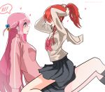  2girls absurdres adjusting_hair black_skirt blue_eyes blush bocchi_the_rock! bow bowtie brown_shirt commentary_request cube_hair_ornament gotoh_hitori hair_ornament hair_tie_in_mouth heart highres kita_ikuyo long_hair mouth_hold multiple_girls pink_bow pink_bowtie pink_hair pleated_skirt red_hair school_uniform shirt shuka_high_school_uniform simple_background sitting sitting_on_lap sitting_on_person skirt spoken_blush straddling totsuka_saika_(totsukasaika59) tying_hair white_background yuri 