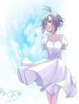  1girl 2026 absurdres ahoge antenna_hair arms_behind_back black_hair breasts brown_eyes closed_mouth cloud collarbone commentary_request dated dress happy_birthday highres idolmaster idolmaster_(classic) kabeni_purin kikuchi_makoto looking_to_the_side medium_breasts puffy_short_sleeves puffy_sleeves short_hair short_sleeves sky smile solo standing sundress white_background white_dress wind wind_lift 