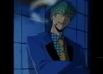  13726h 1boy ^_^ aqua_hair blue_jacket choppy_bangs cigarette closed_eyes collared_shirt commentary_request contrast_lapels crossed_arms facing_viewer faux_retro_artstyle gingham_shirt hair_between_eyes hypnosis_mic indoors jacket lapels male_focus mouth_hold multicolored_hair necktie nurude_sasara nurude_sasara_(tdd_era) pillarboxed shirt short_hair sidelighting smirk smoke smoke_trail smoking solo suit_jacket tile_wall tiles upper_body very_short_hair yellow_necktie 