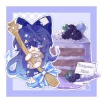  1girl bangle blue_bow blue_eyes blue_hair blue_skirt blueberry bow bracelet cake cake_slice character_name chinese_commentary commentary_request flower flower_request food fork fruit full_body grey_hoodie hair_between_eyes hair_bow holding holding_fork hood hoodie jewelry long_hair looking_at_viewer mini_person minigirl open_mouth outline short_sleeves skirt solo stuffed_animal stuffed_cat stuffed_toy tearing_up touhou very_long_hair white_flower white_outline y_h yorigami_shion 