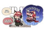  1boy 1girl animal_ear_fluff animal_ears black_hair braid cardigan closed_mouth colored_bangs commentary_request crossed_arms dog_boy dog_ears hair_ornament jacket jewelry komano_manato korean_commentary long_hair multicolored_hair necklace onmrail52 open_mouth red_hair scar scar_across_eye scar_on_face shirt short_hair speech_bubble sphere_hair_ornament translation_request twin_braids twintails two-tone_hair ukinami_yuzuha very_long_hair white_shirt zenless_zone_zero 