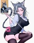  1girl absurdres animal_ears breasts cat_ears cat_girl cat_tail collared_shirt dixretsa extra_ears glasses grey_hair highres mole mole_under_mouth original photo-referenced photo_inset reference_inset shirt solo tail thighhighs watermark white_shirt 