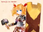  1girl belt belt_buckle belt_pouch black_bodysuit blonde_hair blue_eyes bodysuit brown_belt buckle closed_mouth commentary_request copyright_name fortress_(sekaiju) fortress_2_(sekaiju) hammer holding holding_hammer holding_shield light_blush looking_at_viewer mado-md pouch sekaiju_no_meikyuu sekaiju_no_meikyuu_4 shield simple_background smile solo tower_shield twintails upper_body vambraces 