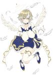  1girl absurdres angel azri_(nanashi_inc.) blonde_hair blue_dress blue_shoes blush closed_mouth commentary_request dress feathered_wings feathers frilled_dress frills full_body gradient_hair halo highres long_sleeves looking_at_viewer multicolored_hair multiple_halos n1jichich1 nanashi_inc. own_hands_together pinafore_dress seal_(animal) shirt shoes short_hair simple_background sleeveless sleeveless_dress smile solo thighhighs virtual_youtuber white_background white_hair white_halo white_shirt white_thighhighs white_wings wings yellow_eyes 