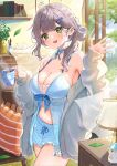  1girl ahoge amefukura_art babydoll bare_shoulders blue_babydoll blush book breasts cleavage collarbone commentary_request cup day green_eyes grey_hair grey_jacket holding holding_cup hololive indoors jacket large_breasts leaf long_sleeves looking_at_viewer loungewear morning navel open_clothes open_jacket open_mouth pen shirogane_noel short_hair smile stomach sunlight teeth upper_teeth_only virtual_youtuber 