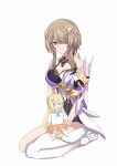  1girl absurdres breasts brown_hair character_doll cleavage closed_mouth commentary doll dress durandal_(honkai_impact) full_body hair_ornament hair_over_one_eye highres holding holding_doll honkai_(series) honkai_impact_3rd huaye_(day_4095) large_breasts looking_at_viewer purple_eyes rita_rossweisse rita_rossweisse_(spina_astera) seiza short_hair simple_background single_thighhigh sitting smile soles thighhighs white_dress white_thighhighs 