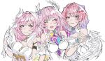  3girls bare_shoulders breasts color_connection commentary_request company_connection corset cyrene_(demiurge)_(honkai:_star_rail) cyrene_(honkai:_star_rail) detached_sleeves dress elf elysia_(herrscher_of_human:_ego)_(honkai_impact) elysia_(honkai_impact) feathered_wings flower gloves hair_color_connection hair_flower hair_ornament highres honkai:_star_rail honkai_(series) honkai_impact_3rd inoue_marina large_breasts long_hair looking_at_viewer medium_hair mihoyo monimoni496 multicolored_hair multiple_girls pink_hair pointy_ears purple_eyes remielle_dan simple_background smile two-tone_hair very_long_hair voice_actor_connection white_background white_corset white_dress white_gloves white_hair white_wings wings yanning zenless_zone_zero 