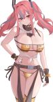  1girl alternate_costume azur_lane bare_shoulders bikini blue_hair blue_nails blush breasts breasts_out bremerton_(azur_lane) bremerton_(western_cowgirl)_(azur_lane) brown_gloves cleavage commentary_request eyepatch_bikini fingerless_gloves fringe-trimmed_bikini fringe_trim gloves groin hair_between_eyes hair_ornament hairclip hand_on_own_hip highres large_breasts long_hair mole mole_on_breast mole_under_eye multicolored_hair nail_polish no_pants open_clothes open_shirt pink_eyes pink_hair red_eyes red_hair shirt sleeveless sleeveless_shirt smile solo strapless strapless_bikini streaked_hair string_bikini swimsuit thighs tied_shirt tkaki twintails unbuttoned unbuttoned_shirt white_shirt yellow_bikini 