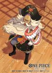  1boy beard commentary_request copyright_name facial_hair flying_dentures from_above fugar full_body hat long_hair looking_at_viewer male_focus muraicchi_(momocchi) mustache official_art old old_man one_piece one_piece_card_game pirate_hat shadow shroud_(sailing) solo sparkle teeth 
