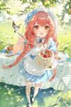  1girl :d akie_qiuhui apron bird blue_dress braid brown_hair cake commentary_request daisy_(flower) detached_collar dress flower food fruit hair_intakes hand_up highres holding holding_plate holding_spoon indie_virtual_youtuber long_hair looking_at_viewer maple_leaf_hair_ornament morimori_(14292311) musical_note_ornament orange_eyes plate short_sleeves smile spoon strawberry twin_braids white_apron 